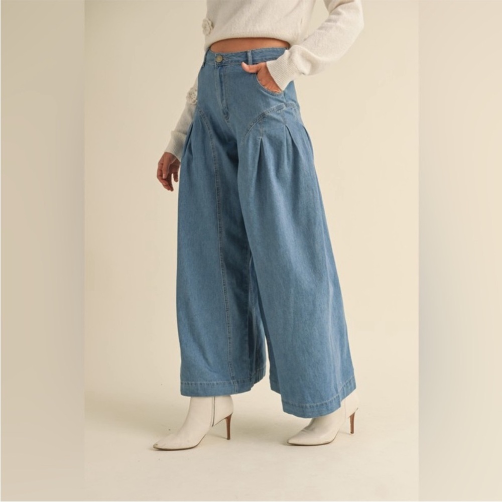 Mable Palazzo Jeans High Rise Pleated Wide Leg Lightweight Denim Blue M NWT - Picture 11 of 16